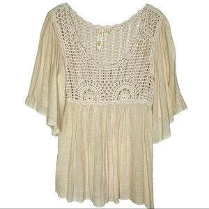 Boho Baby Doll Flutter Sleeve Crochet Top Medium
